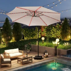 300 cm Sonnenschirm mit LED-Beleuchtung 9 Modi Ampelschirm mit Sandsäcken & Kurbel Neigungswinkel verstellbar Beige