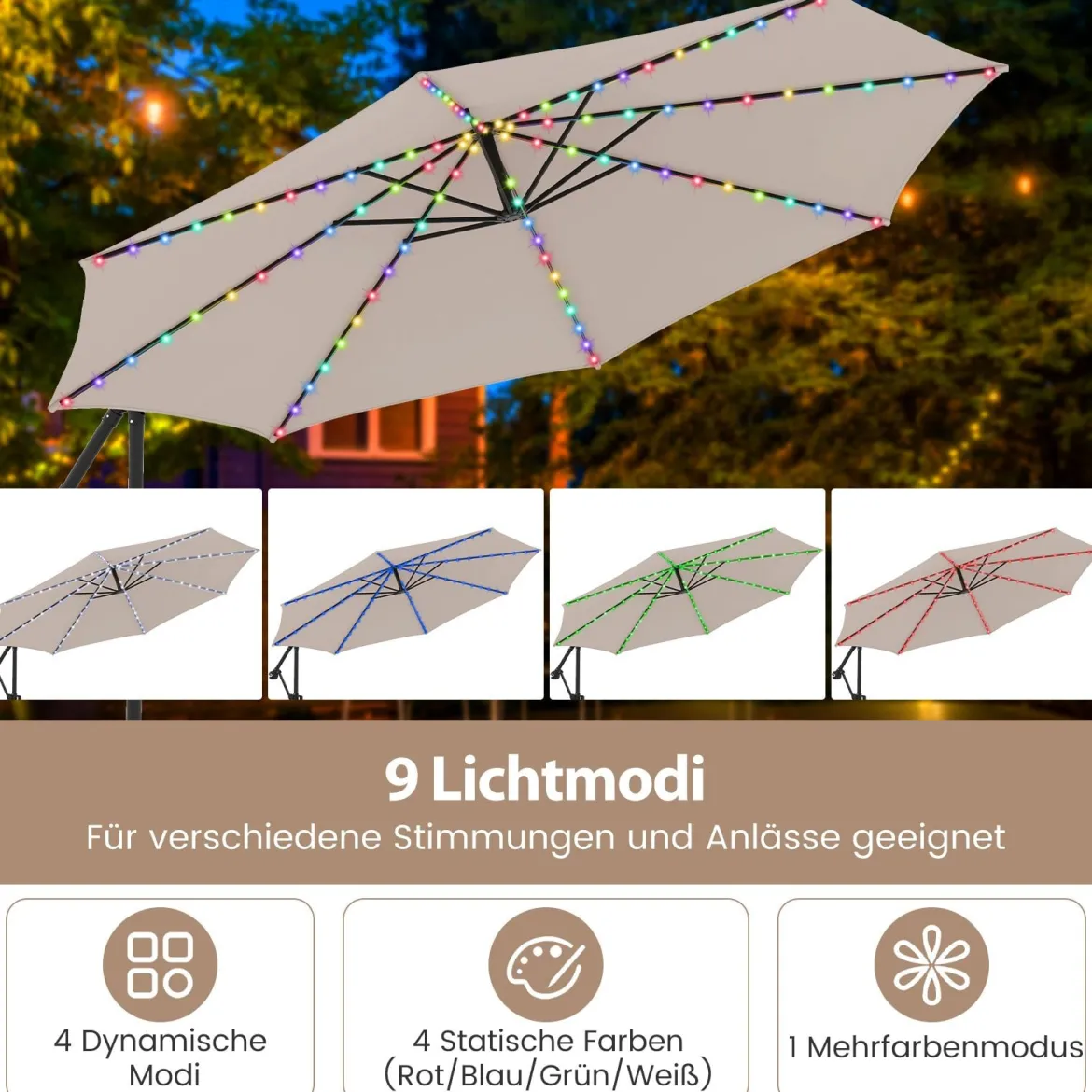 300 cm Sonnenschirm mit LED-Beleuchtung 9 Modi Ampelschirm mit Sandsäcken & Kurbel Neigungswinkel verstellbar Beige