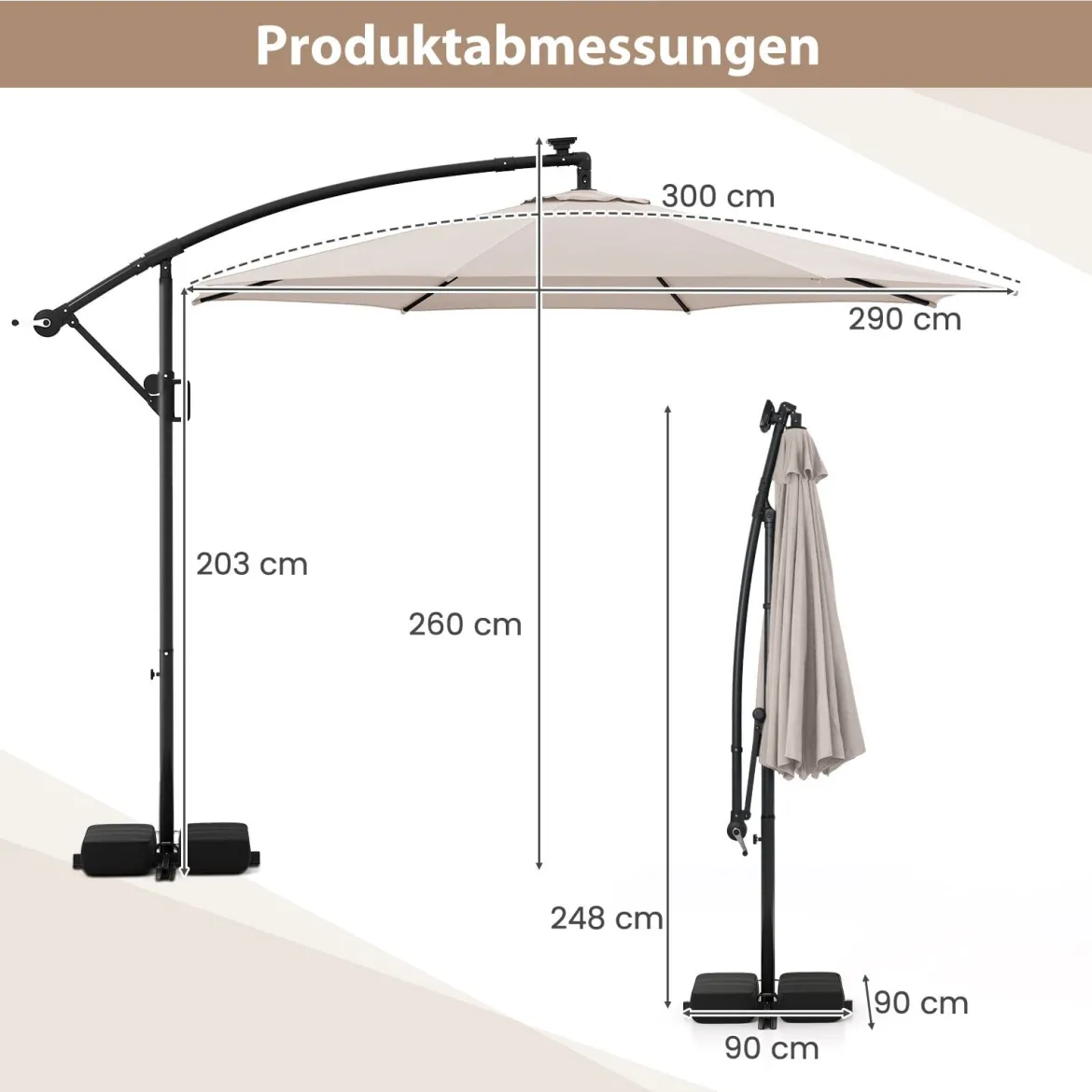 300 cm Sonnenschirm mit LED-Beleuchtung 9 Modi Ampelschirm mit Sandsäcken & Kurbel Neigungswinkel verstellbar Beige