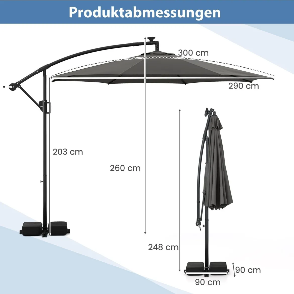 300 cm Sonnenschirm mit LED-Beleuchtung 9 Modi Ampelschirm mit Sandsäcken & Kurbel Neigungswinkel verstellbar Grau