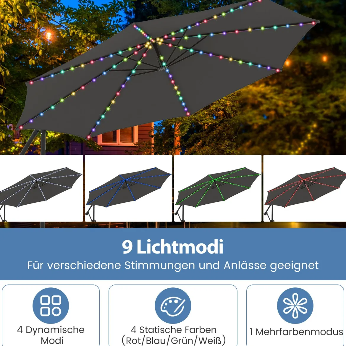 300 cm Sonnenschirm mit LED-Beleuchtung 9 Modi Ampelschirm mit Sandsäcken & Kurbel Neigungswinkel verstellbar Grau