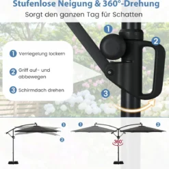 300 cm Sonnenschirm mit LED-Beleuchtung 9 Modi Ampelschirm mit Sandsäcken & Kurbel Neigungswinkel verstellbar Grau