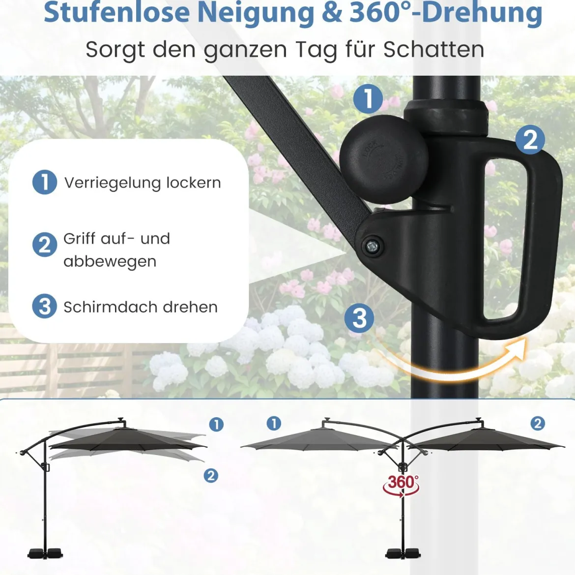 300 cm Sonnenschirm mit LED-Beleuchtung 9 Modi Ampelschirm mit Sandsäcken & Kurbel Neigungswinkel verstellbar Grau