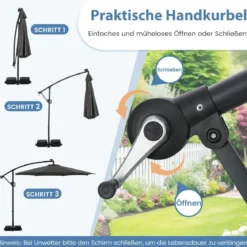300 cm Sonnenschirm mit LED-Beleuchtung 9 Modi Ampelschirm mit Sandsäcken & Kurbel Neigungswinkel verstellbar Grau