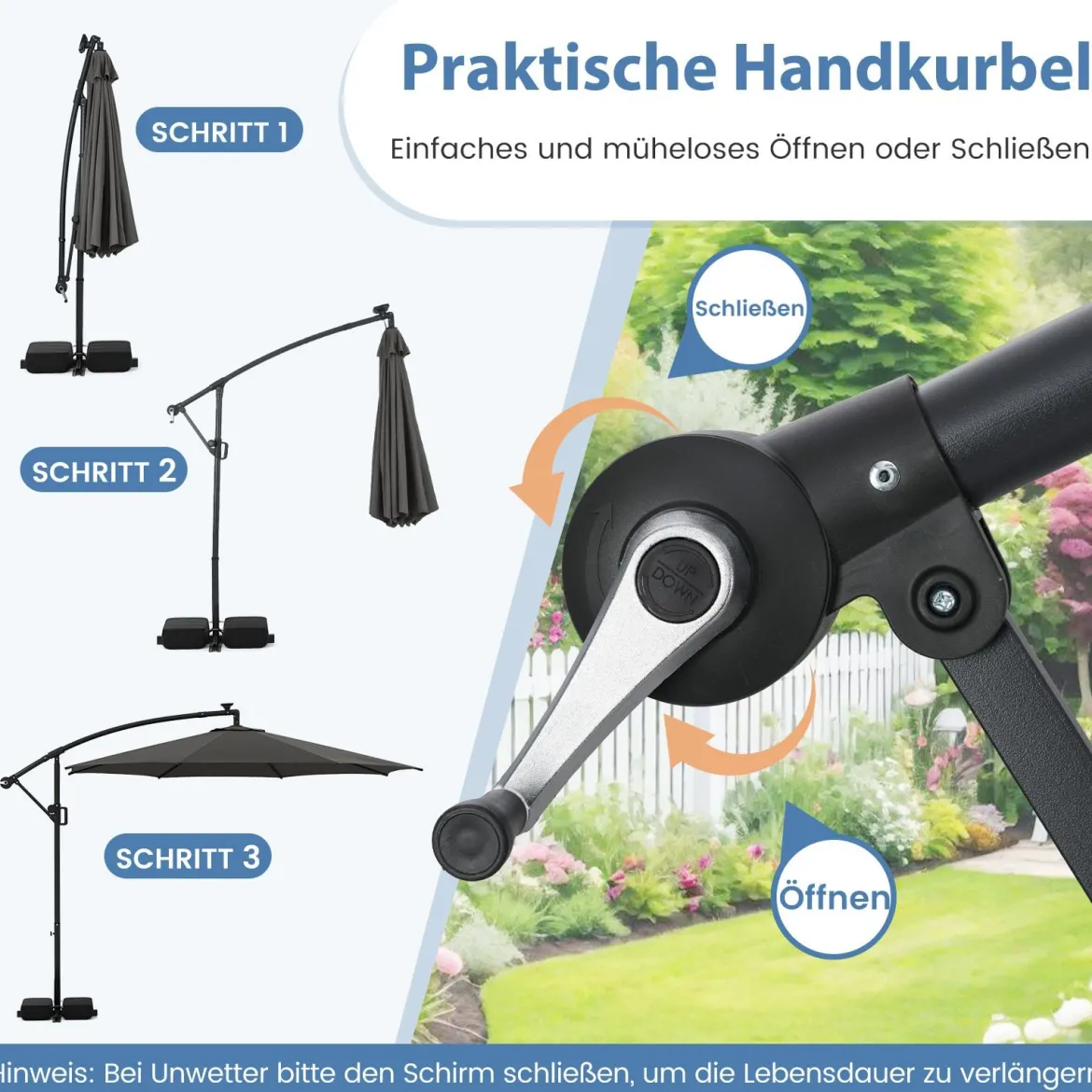 300 cm Sonnenschirm mit LED-Beleuchtung 9 Modi Ampelschirm mit Sandsäcken & Kurbel Neigungswinkel verstellbar Grau