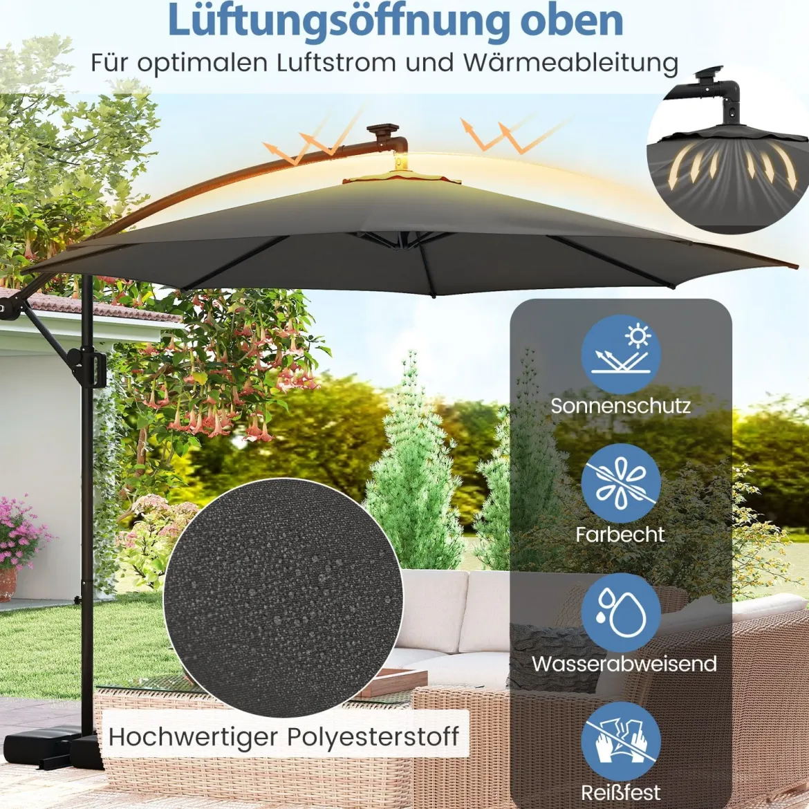 300 cm Sonnenschirm mit LED-Beleuchtung 9 Modi Ampelschirm mit Sandsäcken & Kurbel Neigungswinkel verstellbar Grau