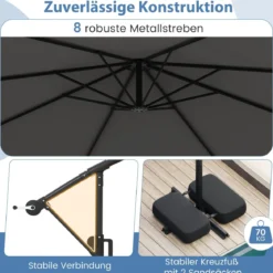 300 cm Sonnenschirm mit LED-Beleuchtung 9 Modi Ampelschirm mit Sandsäcken & Kurbel Neigungswinkel verstellbar Grau