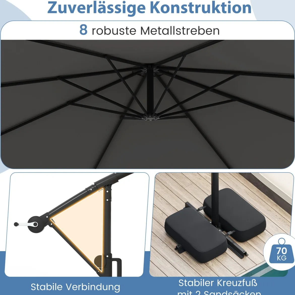 300 cm Sonnenschirm mit LED-Beleuchtung 9 Modi Ampelschirm mit Sandsäcken & Kurbel Neigungswinkel verstellbar Grau