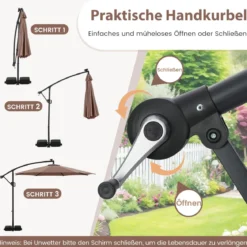 300 cm Sonnenschirm mit LED-Beleuchtung 9 Modi Ampelschirm mit Sandsäcken & Kurbel Neigungswinkel verstellbar Braun