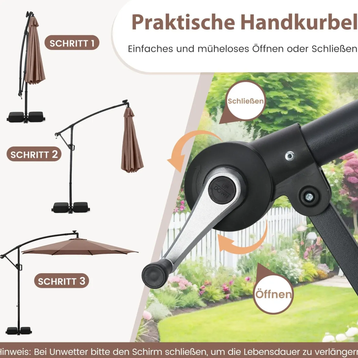 300 cm Sonnenschirm mit LED-Beleuchtung 9 Modi Ampelschirm mit Sandsäcken & Kurbel Neigungswinkel verstellbar Braun
