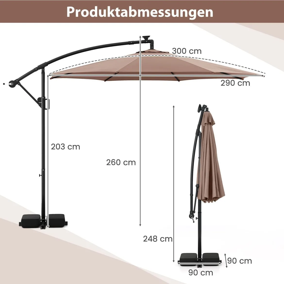 300 cm Sonnenschirm mit LED-Beleuchtung 9 Modi Ampelschirm mit Sandsäcken & Kurbel Neigungswinkel verstellbar Braun