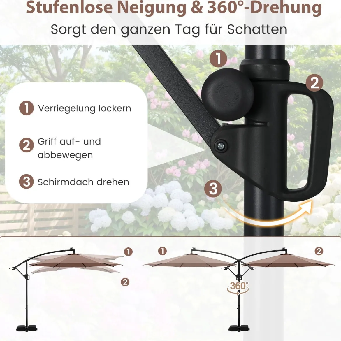 300 cm Sonnenschirm mit LED-Beleuchtung 9 Modi Ampelschirm mit Sandsäcken & Kurbel Neigungswinkel verstellbar Braun