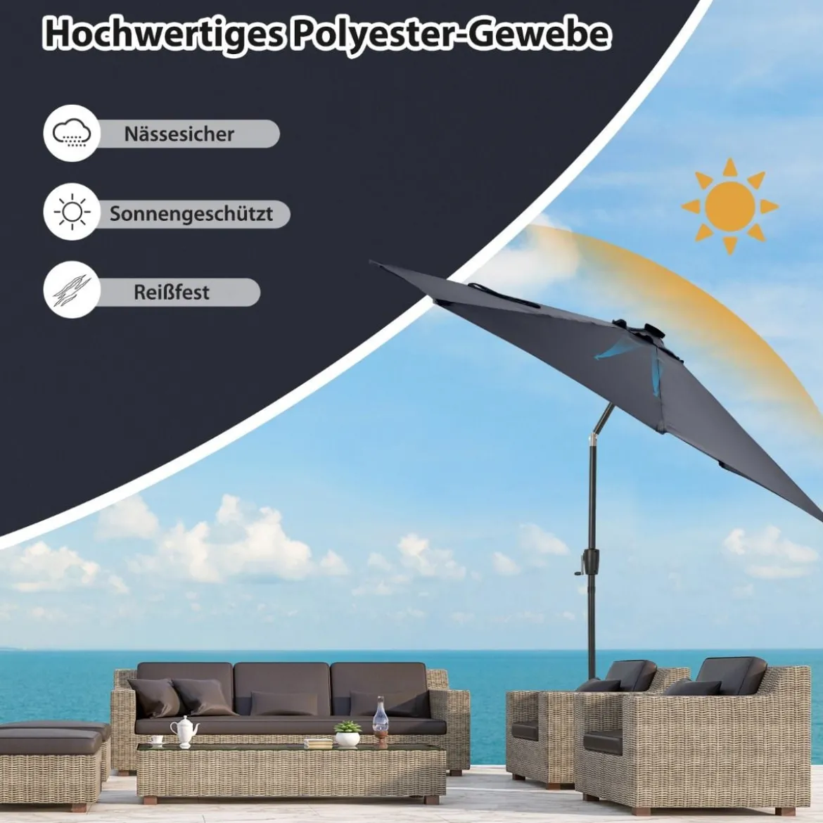 Ø300cm Sonnenschirm mit 112 LED-Leuchten Gartenschirm Navyblau