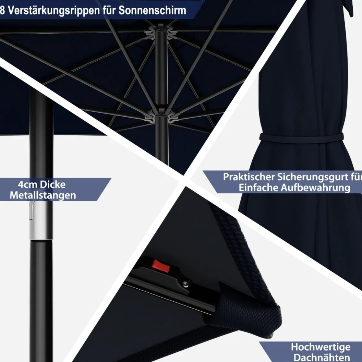 Ø300cm Sonnenschirm mit 112 LED-Leuchten Gartenschirm Navyblau
