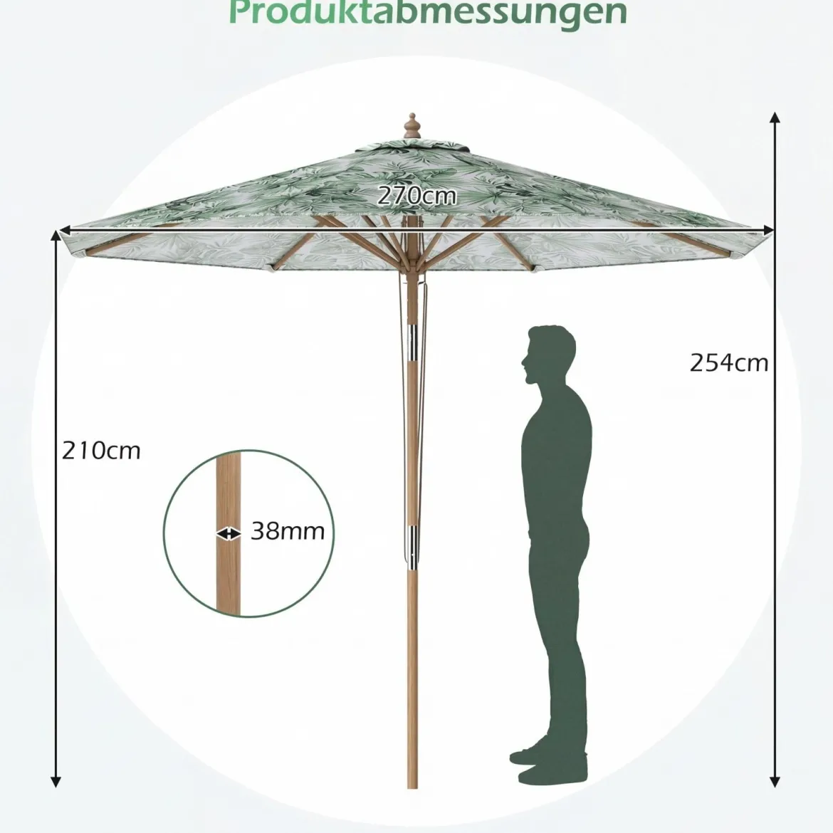 270 cm Sonnenschirm Sonnenschirm mit 30° Neigungsverstellung & belüftete Spitze Grün