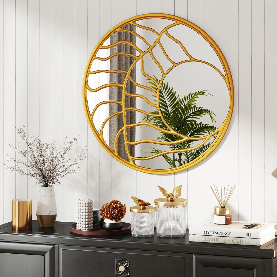 φ80cm Spiegel dekorativ Wandspiegel mit goldenem Rahmmen asymmetrischer Spiegel groß Wanddeko rund für Wohnzimmer
