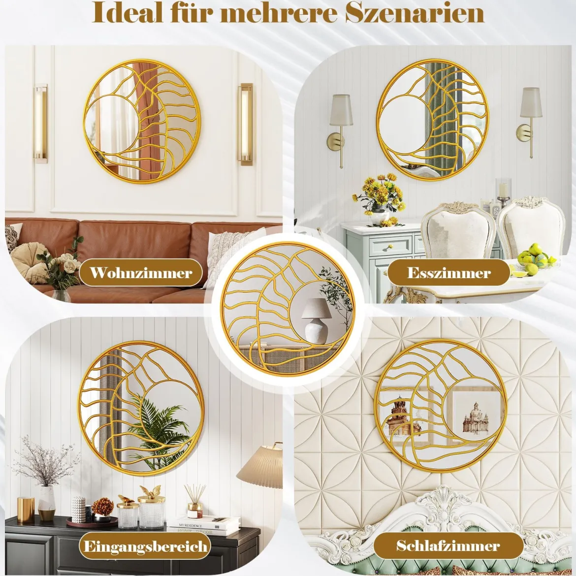 φ80cm Spiegel dekorativ Wandspiegel mit goldenem Rahmmen asymmetrischer Spiegel groß Wanddeko rund für Wohnzimmer