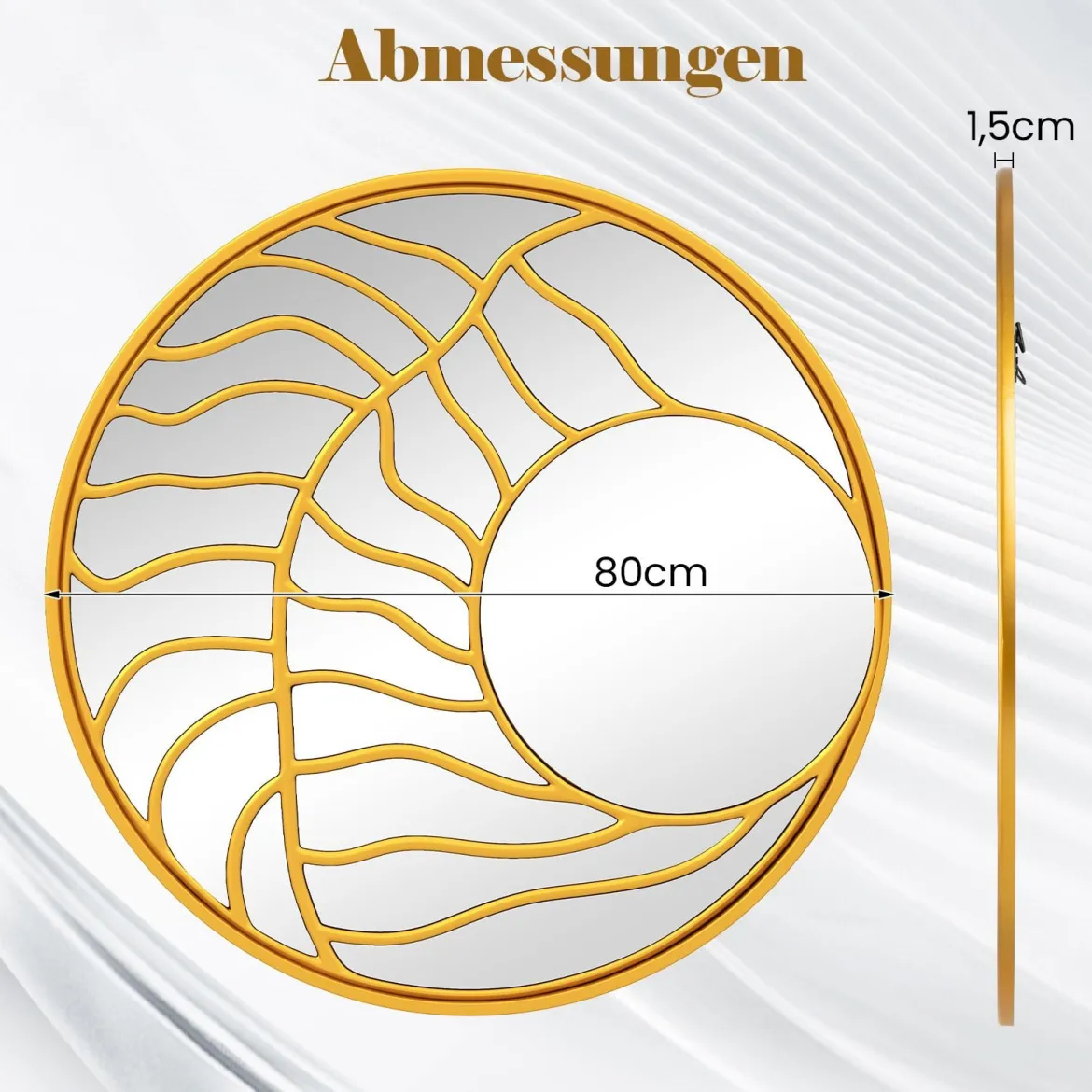 φ80cm Spiegel dekorativ Wandspiegel mit goldenem Rahmmen asymmetrischer Spiegel groß Wanddeko rund für Wohnzimmer
