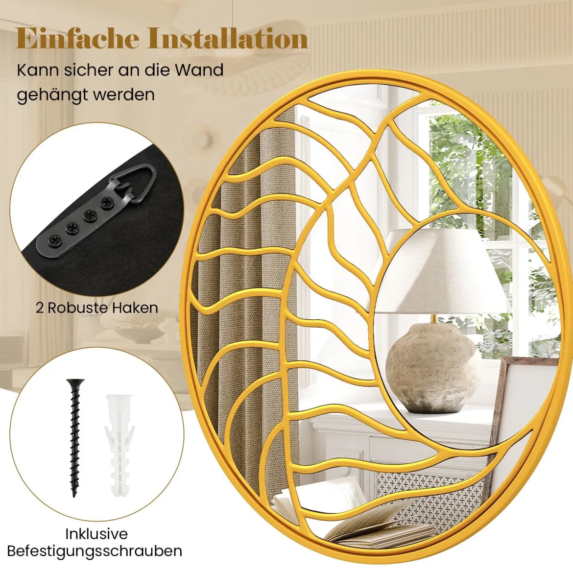 φ80cm Spiegel dekorativ Wandspiegel mit goldenem Rahmmen asymmetrischer Spiegel groß Wanddeko rund für Wohnzimmer