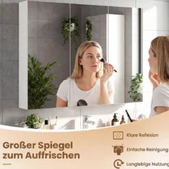 87 cm Spiegelschrank mit 3 Türen Wandmontiert Einbau-Badspiegelschrank mit 6 Fächern Weiß