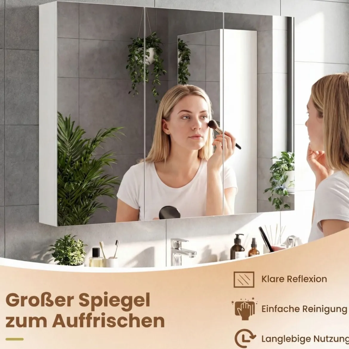 87 cm Spiegelschrank mit 3 Türen Wandmontiert Einbau-Badspiegelschrank mit 6 Fächern Weiß