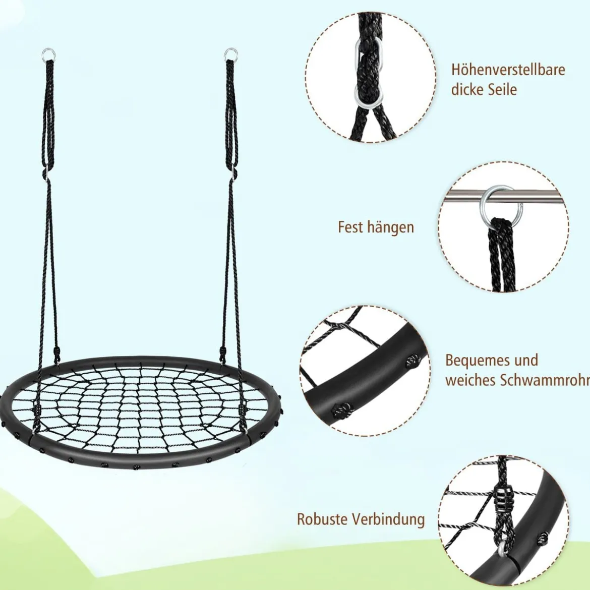 Ø100cm Spinnennetz Baumschaukel Nestschaukel mit verstellbaren Seilen und robustem Stahlrahmen Schwarz