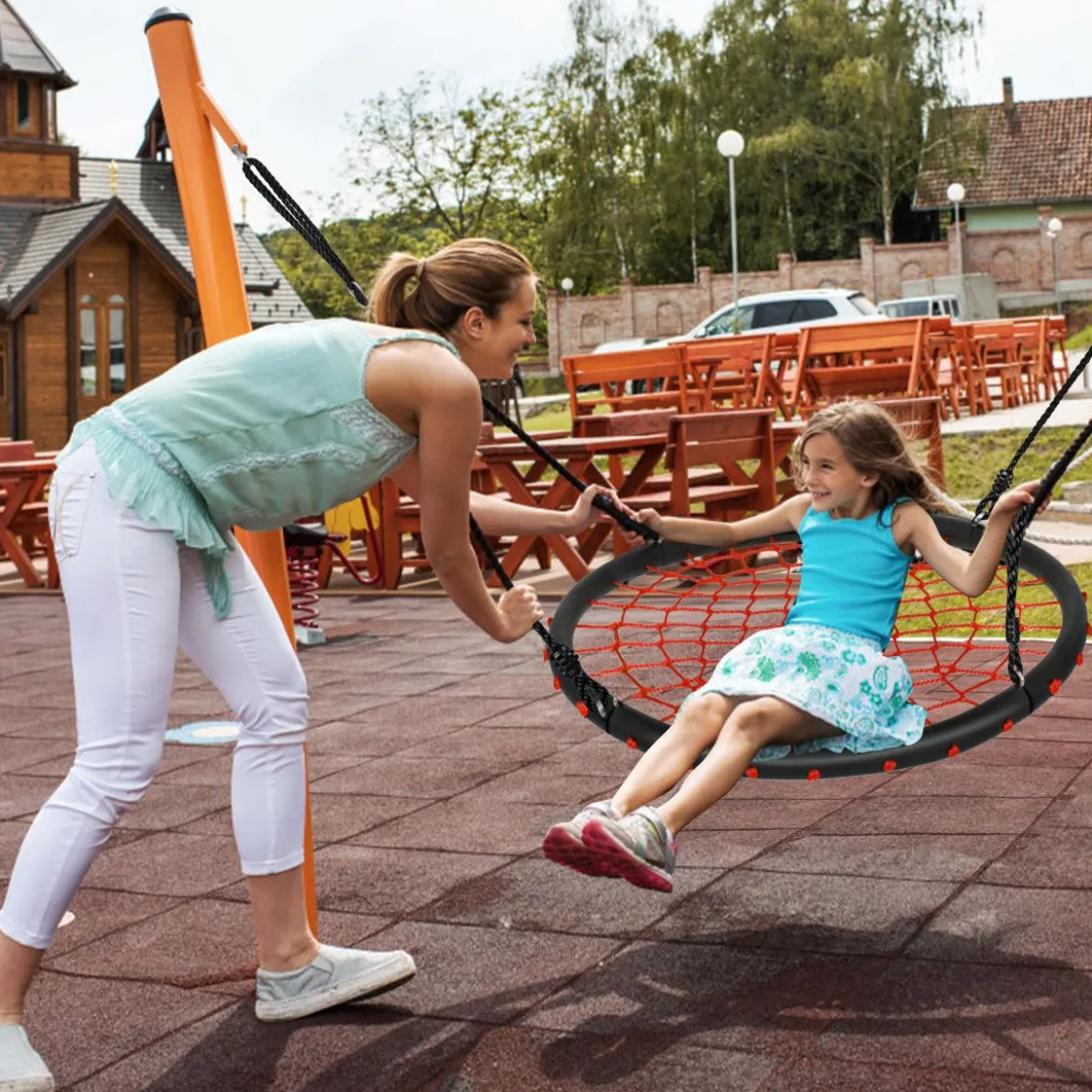 Ø100cm Spinnennetz Baumschaukel Runde Outdoor Nestschaukel für Kinder mit verstellbaren Seilen Orange