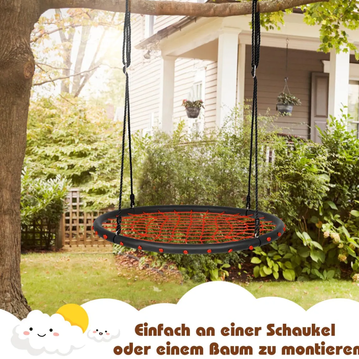 Ø100cm Spinnennetz Baumschaukel Runde Outdoor Nestschaukel für Kinder mit verstellbaren Seilen Orange