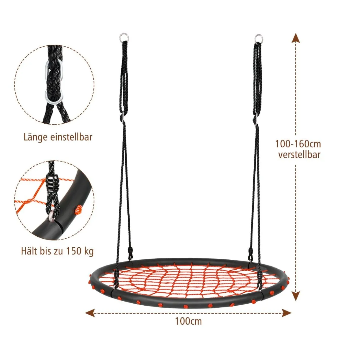 Ø100cm Spinnennetz Baumschaukel Runde Outdoor Nestschaukel für Kinder mit verstellbaren Seilen Orange