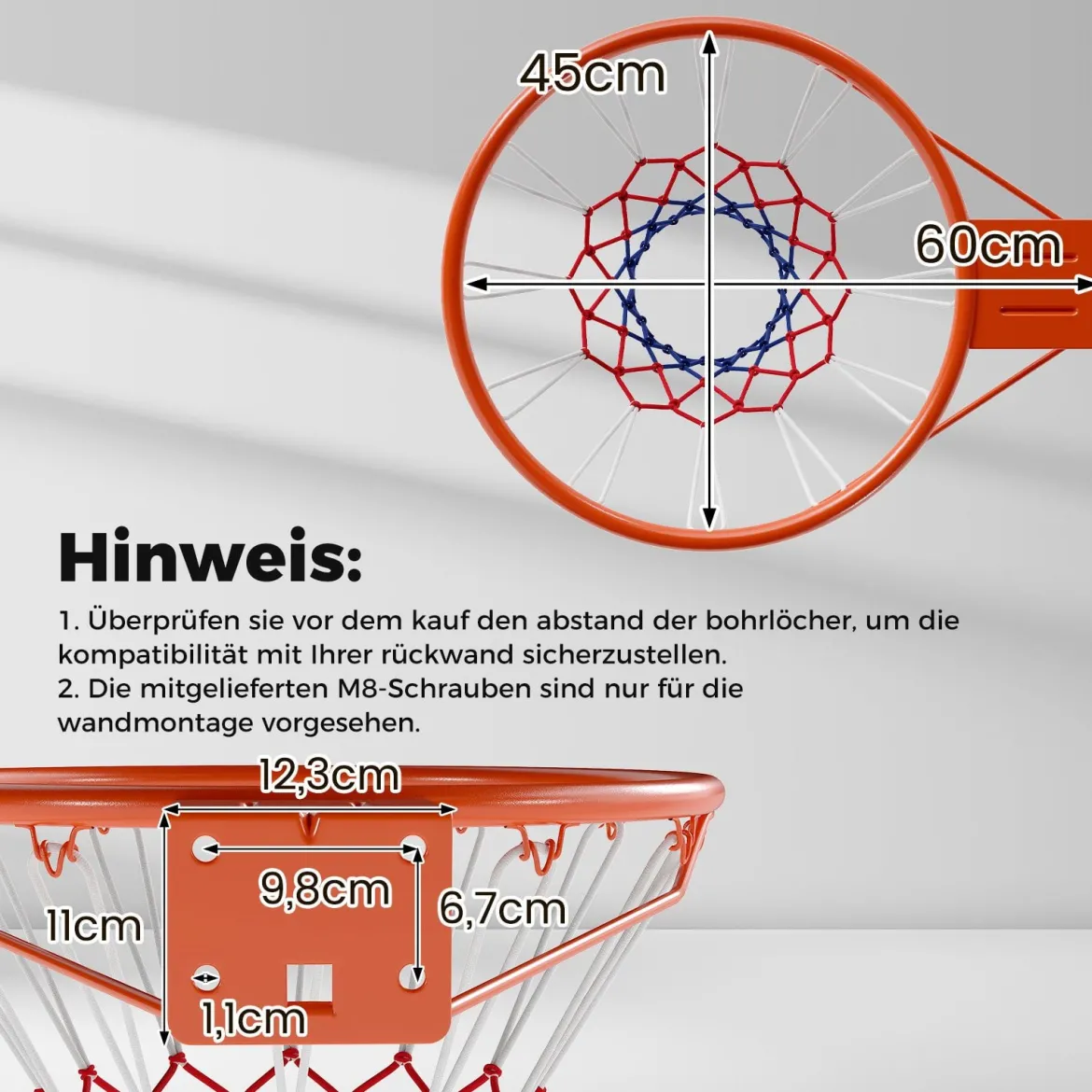 Ø45cm Standard Basketballkorb mit Netz Mini Basketball Korb für Wandmontage Orange
