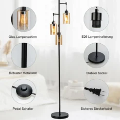 164cm Standleuchte mit 3 Hängenden Braunglasschirmen & Fußschalter & Metallbasis Stehlampe
