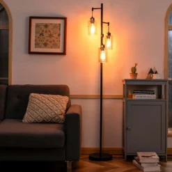 164cm Standleuchte mit 3 Hängenden Braunglasschirmen & Fußschalter & Metallbasis Stehlampe