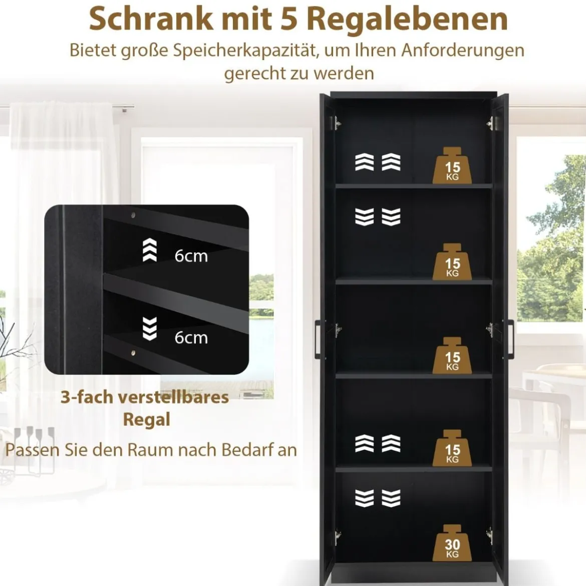 178 cm 5 Stöckiger Hochschrank mit 2 Türen & Verstellbaren Regalen & Kippsicherung Schwarz