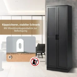 178 cm 5 Stöckiger Hochschrank mit 2 Türen & Verstellbaren Regalen & Kippsicherung Schwarz