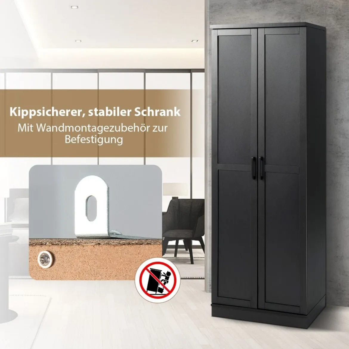 178 cm 5 Stöckiger Hochschrank mit 2 Türen & Verstellbaren Regalen & Kippsicherung Schwarz