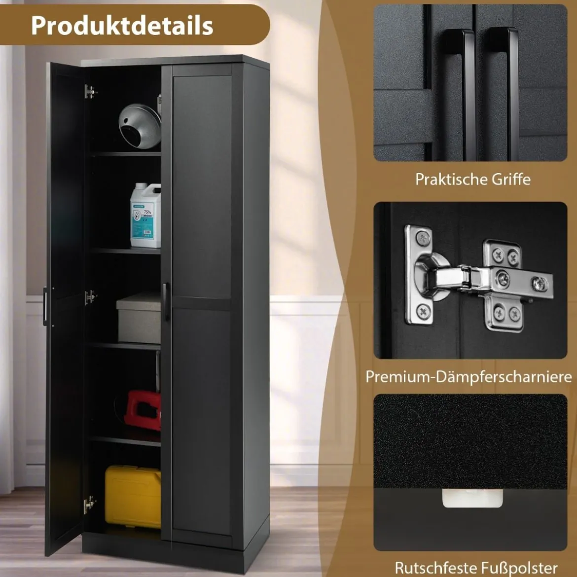 178 cm 5 Stöckiger Hochschrank mit 2 Türen & Verstellbaren Regalen & Kippsicherung Schwarz