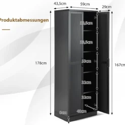 178 cm 5 Stöckiger Hochschrank mit 2 Türen & Verstellbaren Regalen & Kippsicherung Schwarz