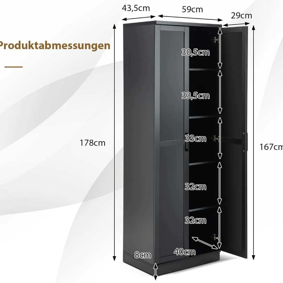 178 cm 5 Stöckiger Hochschrank mit 2 Türen & Verstellbaren Regalen & Kippsicherung Schwarz