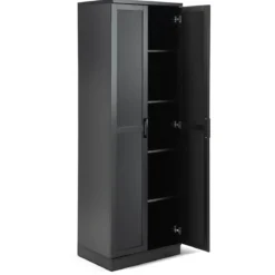 178 cm 5 Stöckiger Hochschrank mit 2 Türen & Verstellbaren Regalen & Kippsicherung Schwarz