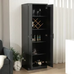 178 cm 5 Stöckiger Hochschrank mit 2 Türen & Verstellbaren Regalen & Kippsicherung Schwarz