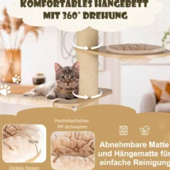 191 cm 6-stöckiger Kratzbaum aus Holz mit Hängematte & Katzenhöhle & Korbbett & Sisalpfosten