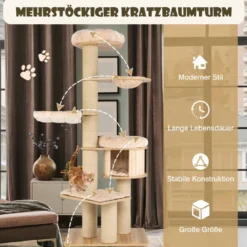 191 cm 6-stöckiger Kratzbaum aus Holz mit Hängematte & Katzenhöhle & Korbbett & Sisalpfosten