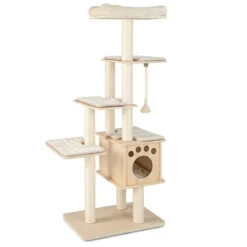 170 cm 6-stöckiger Kratzbaum aus Holz mit Gemütlicher Matten & Höhle & Sisalseil Beige