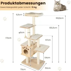 170 cm 6-stöckiger Kratzbaum aus Holz mit Gemütlicher Matten & Höhle & Sisalseil Beige