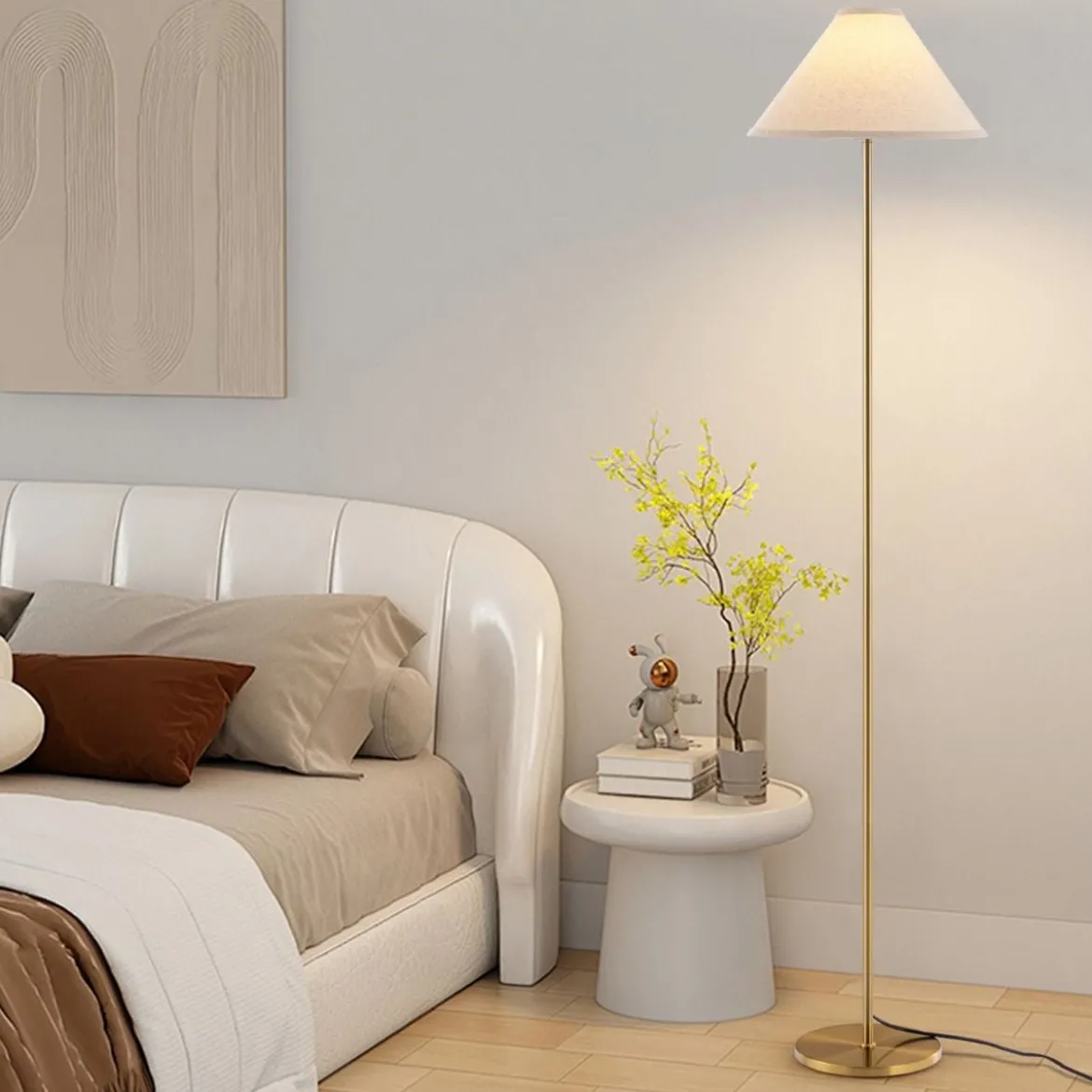 162 cm Stehlampe gold Stehleuchte mit Fußschalter Leinenschirm und Metallmast