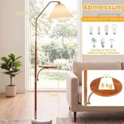 160 cm Stehlampe mit Ablage Plissee Lampenschirm aus Papier mit Verstellbarem Lampenkopf