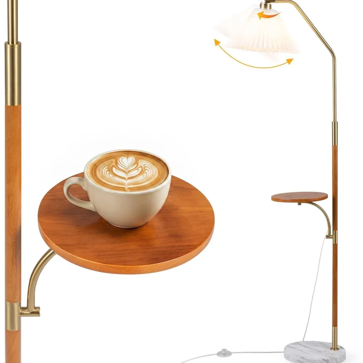160 cm Stehlampe mit Ablage Plissee Lampenschirm aus Papier mit Verstellbarem Lampenkopf