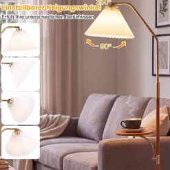 160 cm Stehlampe mit Ablage Plissee Lampenschirm aus Papier mit Verstellbarem Lampenkopf