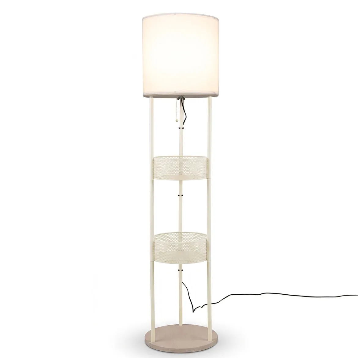 158 cm Stehlampe mit Aufbewahrungskorb Regal & Zugschalter Stehleuchte mit Lampenschirm aus Leinenstoff