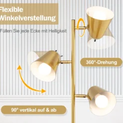 163cm Stehlampe mit 3 E27 Glühbirnen & 360° Verstellbaren Lampenschirmen Stehleuchte Gold